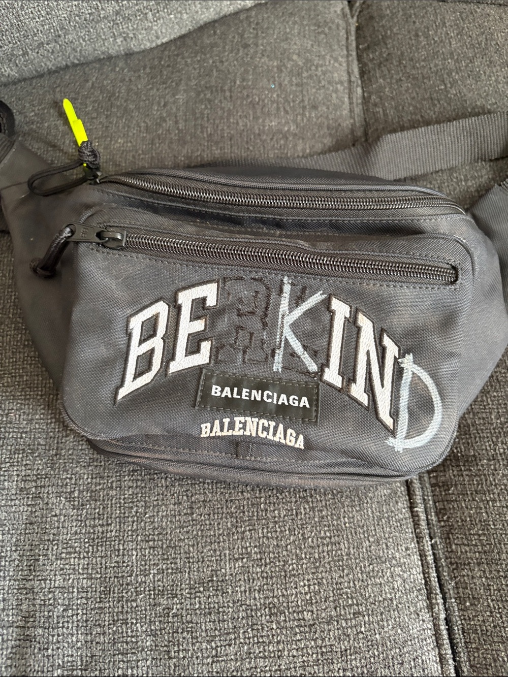 Balenciaga Black 'Be Kind' Men's Belt Bag with Neon Zip Pull